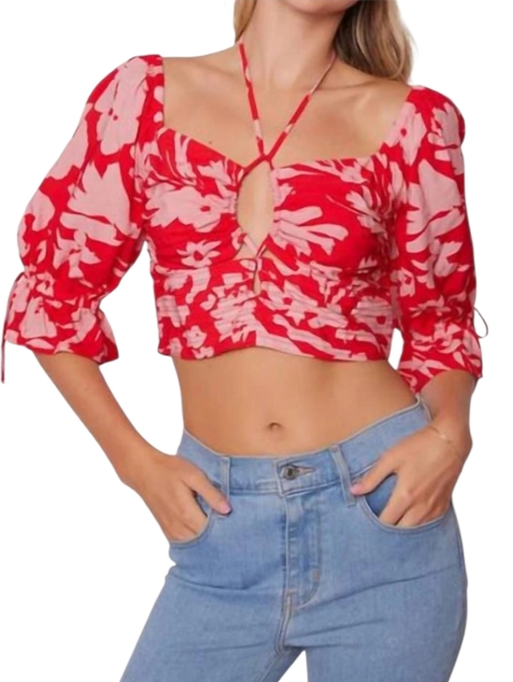 Lost + Wander Still the One Floral Crop Top L Red Pink Smocked Coquette NEW